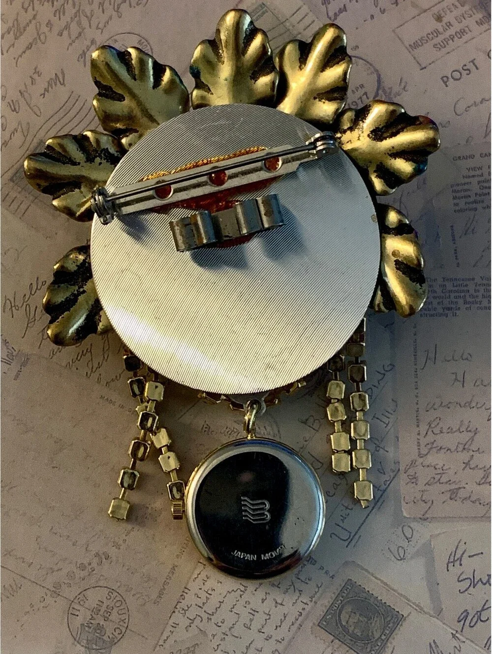 Vintage Bonetto Quartz Watch Brooch Painted Face Rhinestone Statement Pin